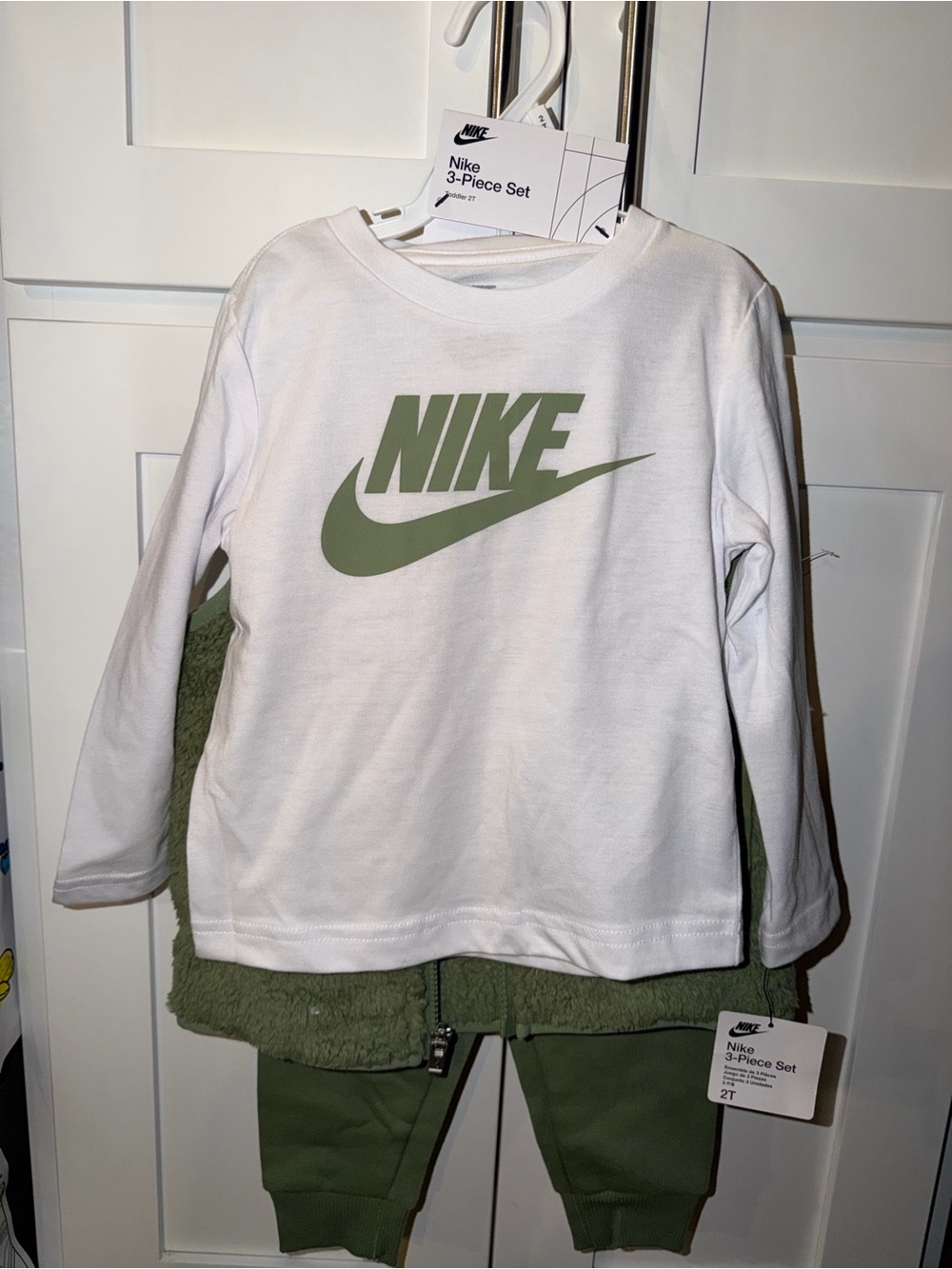 Kids Nike White Long Sleeve Tee with Olive Green Vest and Sweatpants